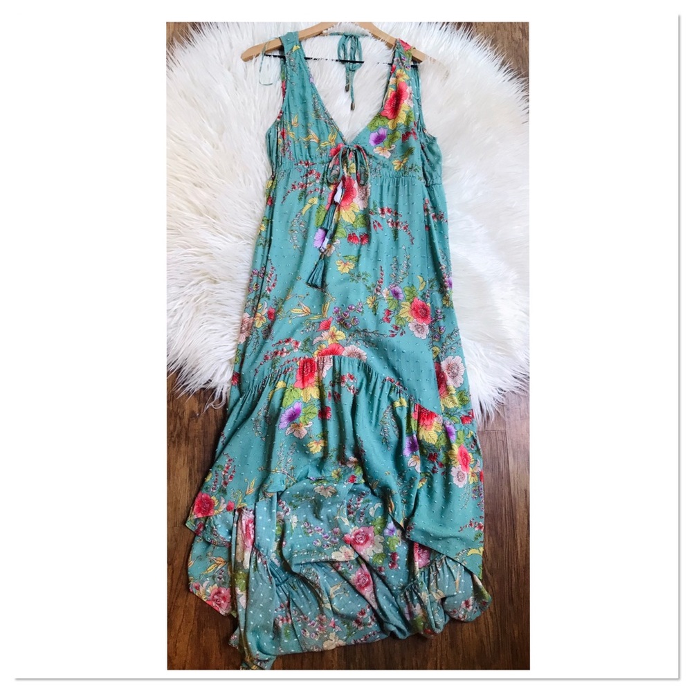 Love Stitch Floral Summer Dress Swiss Dot Turquoise Boho Multi Color Size Medium